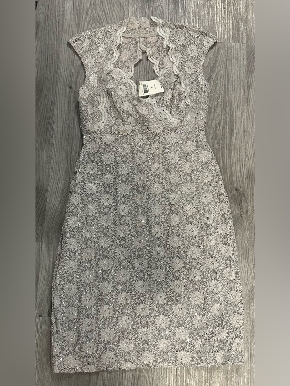NWT Sz 8 Connected Apparel Silver Lace Sequin Sheath Midi Dress $89MSRP
